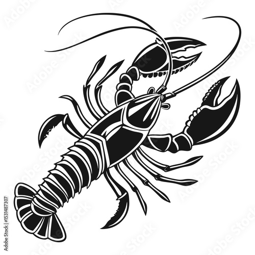 Monochrome crustacean black lobster displays detailed anatomy against white background, exhibiting its large claws