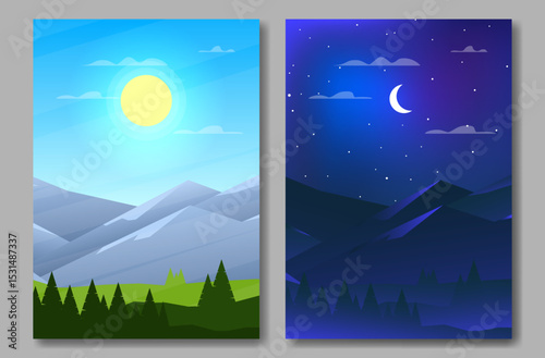 Day and night landscape poster. Mountains with sun, moon, stars and forest. 