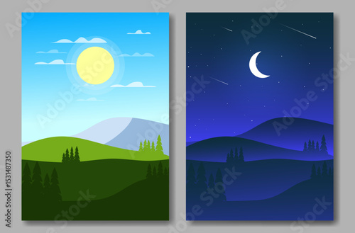Day and night landscape poster. Mountains with sun, moon, stars and forest. 