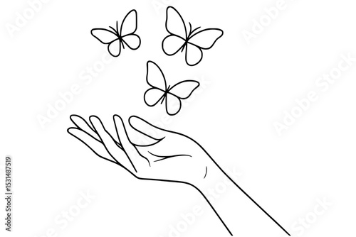 Hand Releasing Butterflies Line Drawing