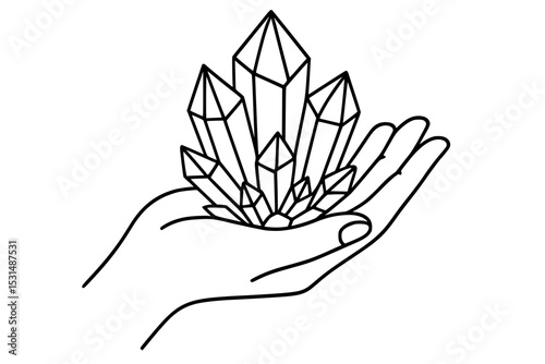 Hand Holding Cluster of Crystals Minimal Vector Illustration