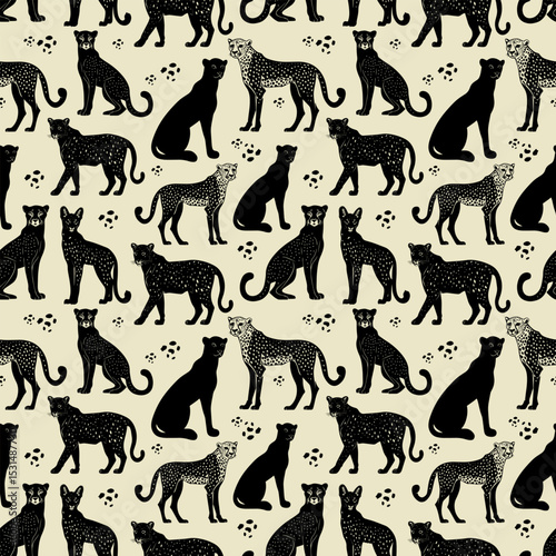 Seamless vector collection of black animal silhouettes featuring a set of cats, dogs, and wild mammals in an outline illustration design