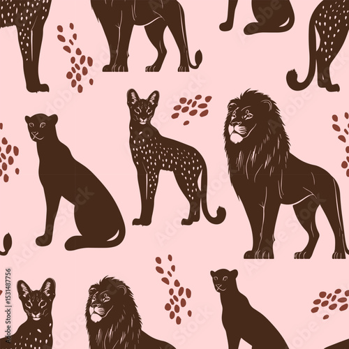 Seamless vector illustration set featuring a black silhouette collection of domestic cat and kitten outlines combined with farm and wild animal icons for a nature-inspired pattern design
