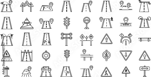 Road infrastructure line editable icon set. Editable stroke. Vector illustration

