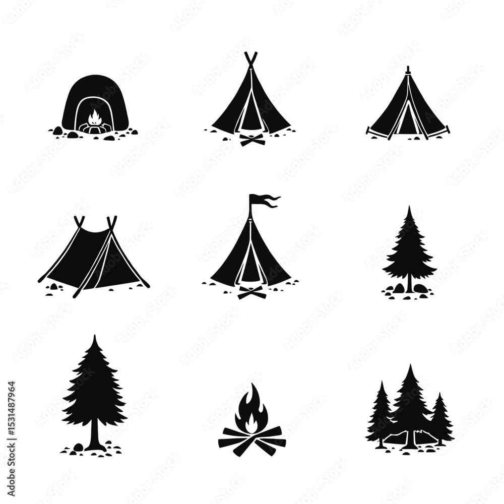 Obraz premium Camping set silhouettes teepee tent firewood trees