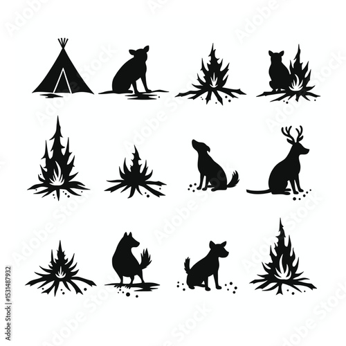 Camping set silhouettes animals campfire teepee wilderness