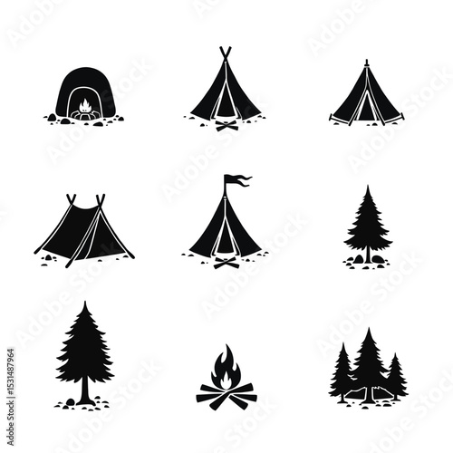 Camping set silhouettes teepee tent firewood trees