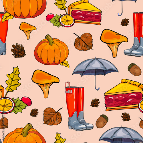 Seasonal Pattern with Fall Elements and Warm Colors. Hand Drawn Autumn Pattern with Pie, Rain Gear, and Gourds