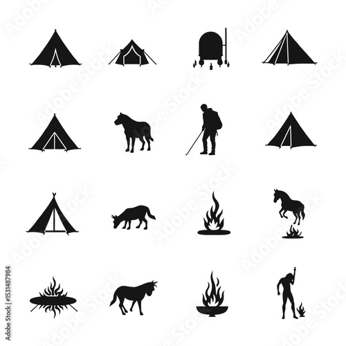 Camping set silhouettes icons adventure travel