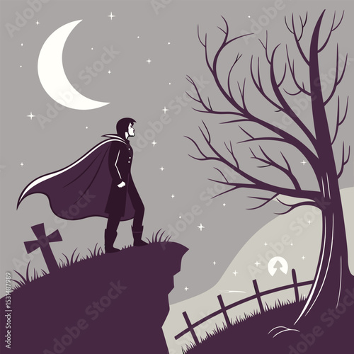 vampire standing on cliff at night full moon scene