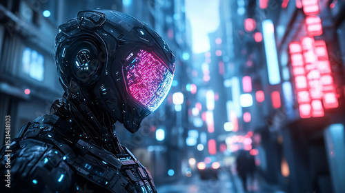 Cybernetic Sentinel in Neon City: A lone cyborg stands in a vibrant cityscape, its intricate armor reflecting the neon lights of the urban environment. A fusion of technology and atmosphere