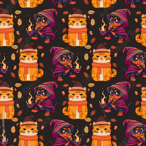 Seamless Halloween pattern with witches in purple hats, mummy cats, pumpkins, and magical fire elements on a dark background in cartoon style