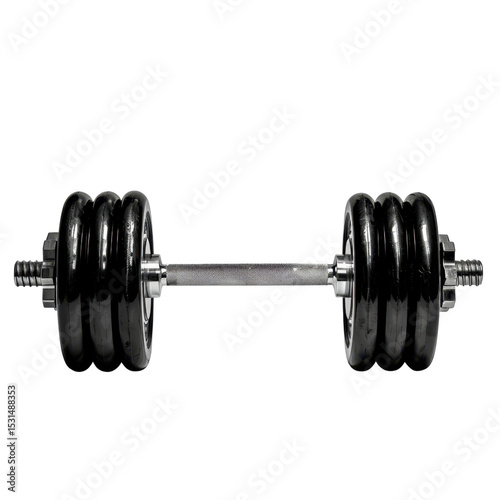 Black weightlifting barbell with rubberized weights both ends, designed for strength training and fitness workouts. This equipment is essential for building muscle and enhancing physical fitness