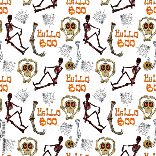Seamless Halloween pattern with red skeletons, skulls, spider webs, pumpkins, and boo lettering on a white background