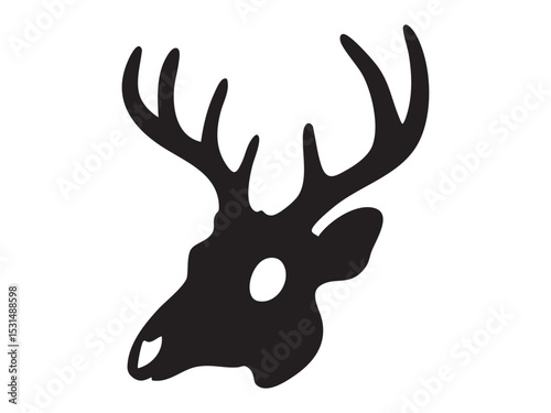 Black Silhouette of deer skull with antlers, isolated on white background. concept of wildlife, nature, hunting, rustic decor, halloween, artistic design element