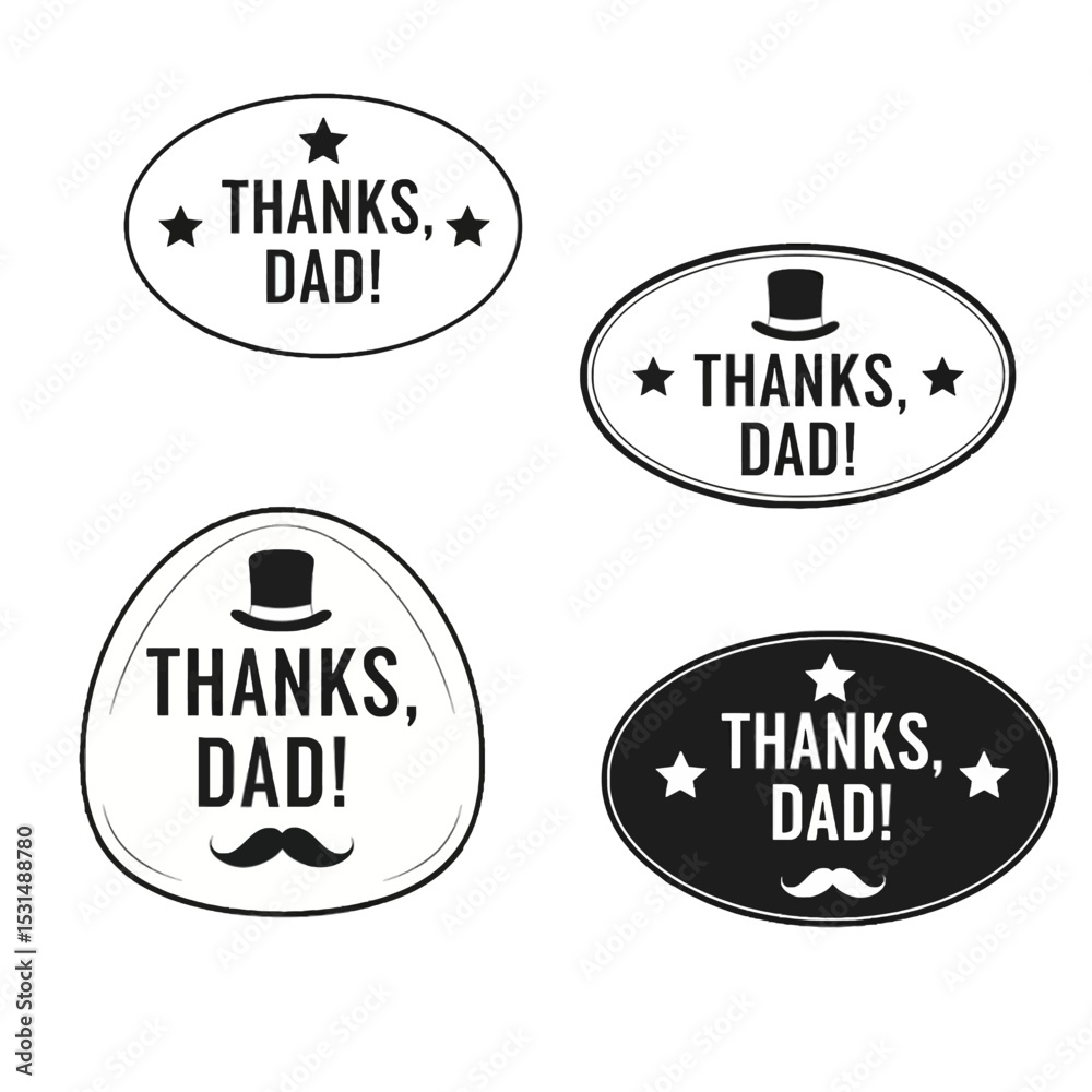 Obraz premium Charming Thanks, Dad Sticker Set with Vintage-Inspired Black-and-White Illustrations