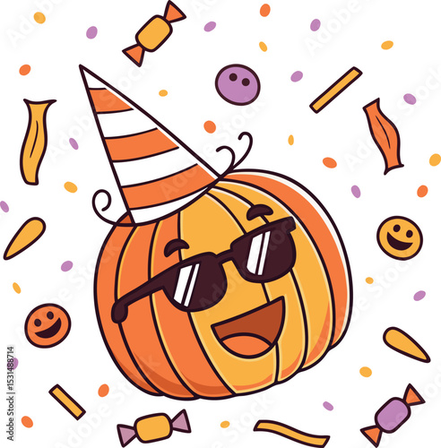 funny pumpkin wearing glasses with party candies