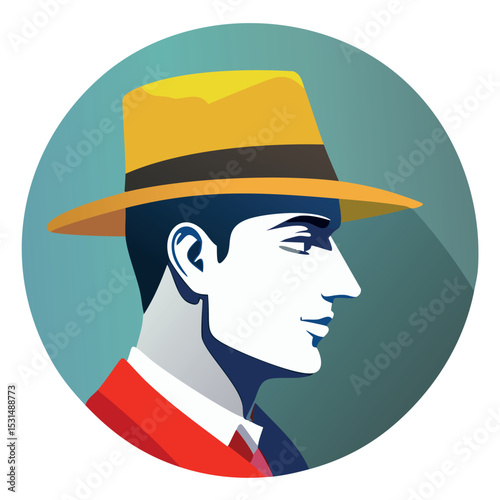 A simple and abstract vector logo depicting the side profile of a head only, with a hat worn by a sly smiling and talking gentleman