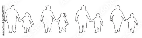 Set of black outline icons of overweight parents walking hand in hand with children isolated on white background. Concept of parenthood, family care, child safety, adults walking together with kids
