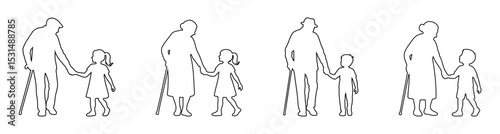 Set of black outline icons of grandparents walking hand in hand with grandchildren isolated on white background. Concept of family generations, childhood, elderly adults walking with children