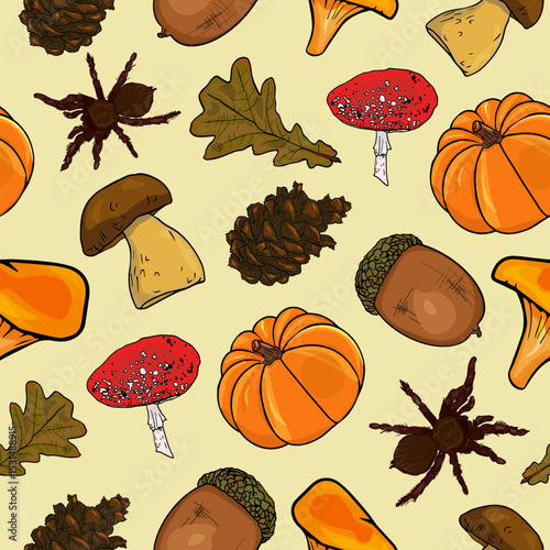 Seamless Fall Background with Woodland Elements. Hand Drawn Autumn Pattern with Leaves and Gourds