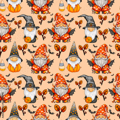 Fall Gnome Pattern with Candy and Witch Hats. Cartoon Halloween Gnome Repeating Background