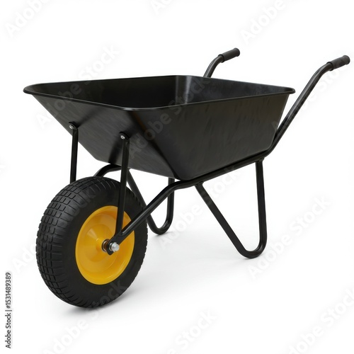Steel wheelbarrow with yellow hub isolated on white background