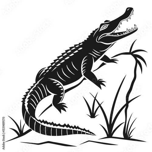Silhouette of an alligator walking through the grass and small tree with open mouth