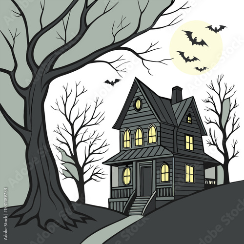 haunted house night scene with bats and bare trees