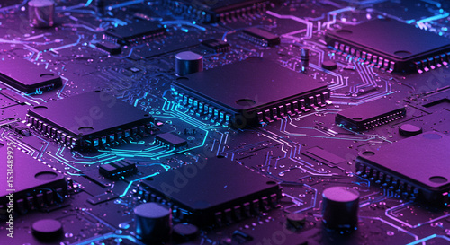 Close-up of Circuit Board with Neon Purple and Blue Lighting