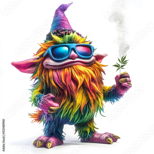 funny colourful monster cartoon troll holding a smoking marijuana weed leaf 