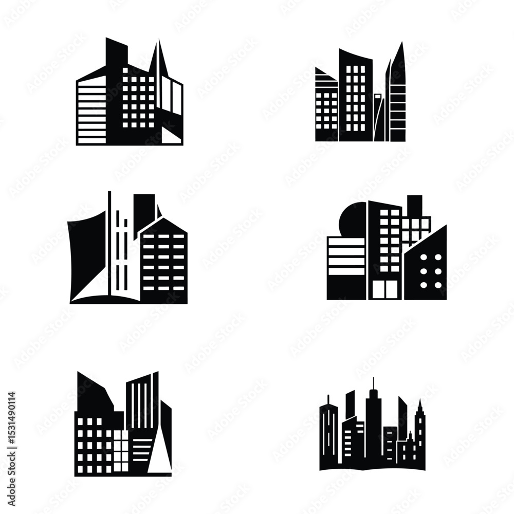 Obraz premium Vector illustrations of modern city buildings in black and white with minimalist designs.