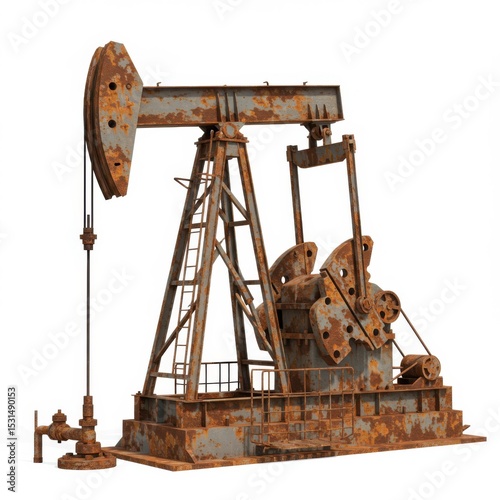 Rusty oil pump jack isolated on white background