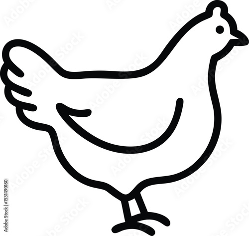 Simple line drawing illustrates the side view of a chicken standing peacefully