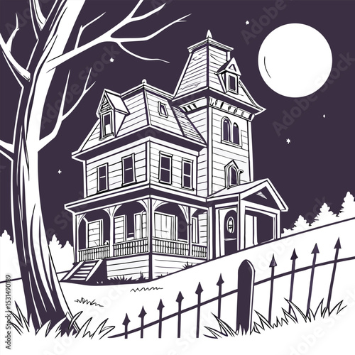 haunted house on hill with moon and spooky tree night