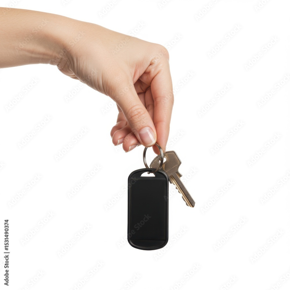 Obraz premium Hand holding keys with blank tag isolated on white background