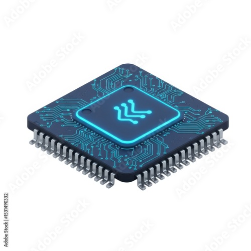 Advanced microchip with glowing circuitry isolated on white background