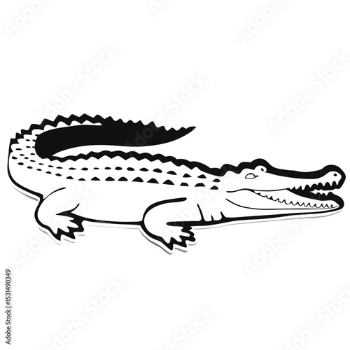 Smiling alligator with sharp teeth appears in a bold, monochrome cartoon outline