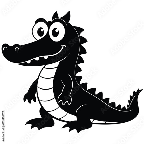 Smiling cartoon alligator is standing playfully while looking forward in monochrome style