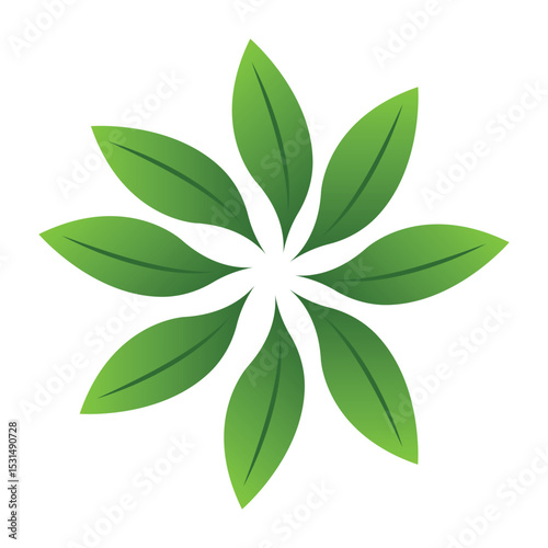 High-resolution vector graphic of a nature logo stylized with green leaves forming a minimalist geometric abstract shape. Flat design, simple, elegant style suitable for corporate branding