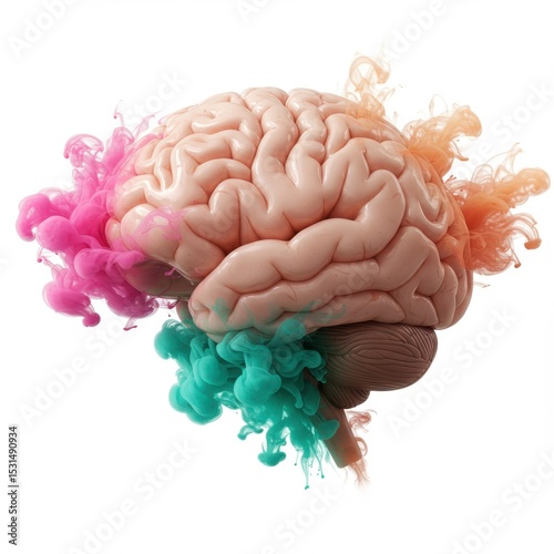 Human brain anatomy model with colorful ink isolated on white background