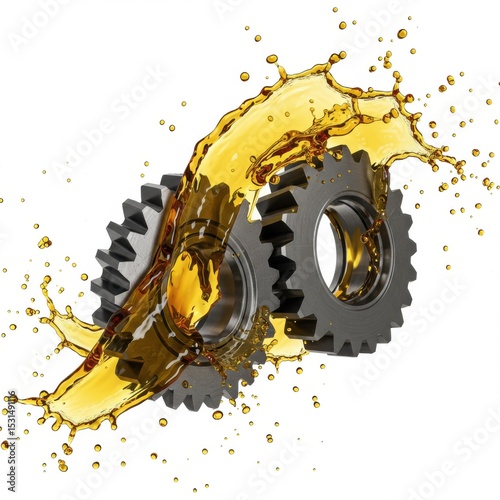 Interlocking gears with oil splash isolated on white background
