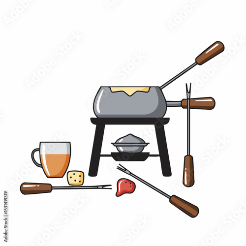 Fondue Set with Cheese and Food Illustration