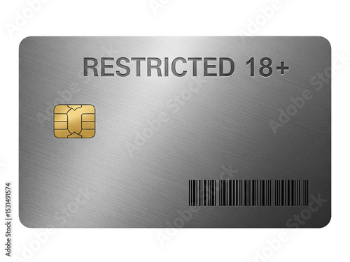 A metallic access pass card with engraved “RESTRICTED 18+” label, brushed steel texture, security chip and barcode details, isolated on a transparent background