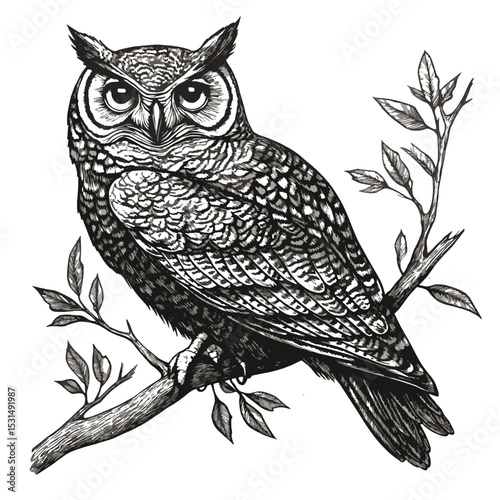 Great Horned Owl in Flight Black and White Illustration