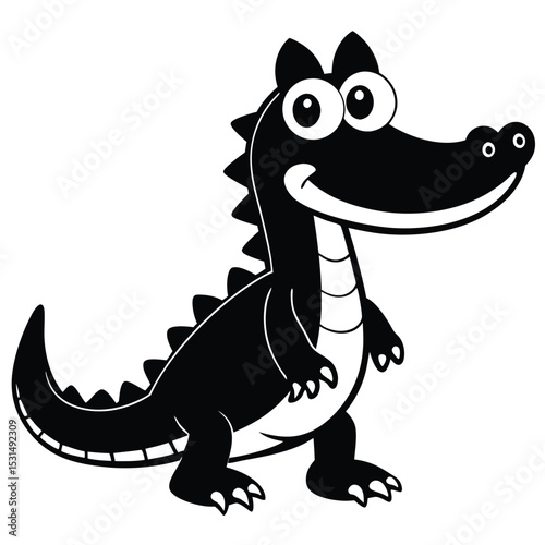 Whimsical black and white cartoon alligator character stands cheerfully facing forward with its large eyes