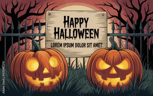 Spooky halloween jack olanterns by a fence