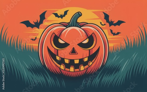 Evil jack o lantern at sunset with bats