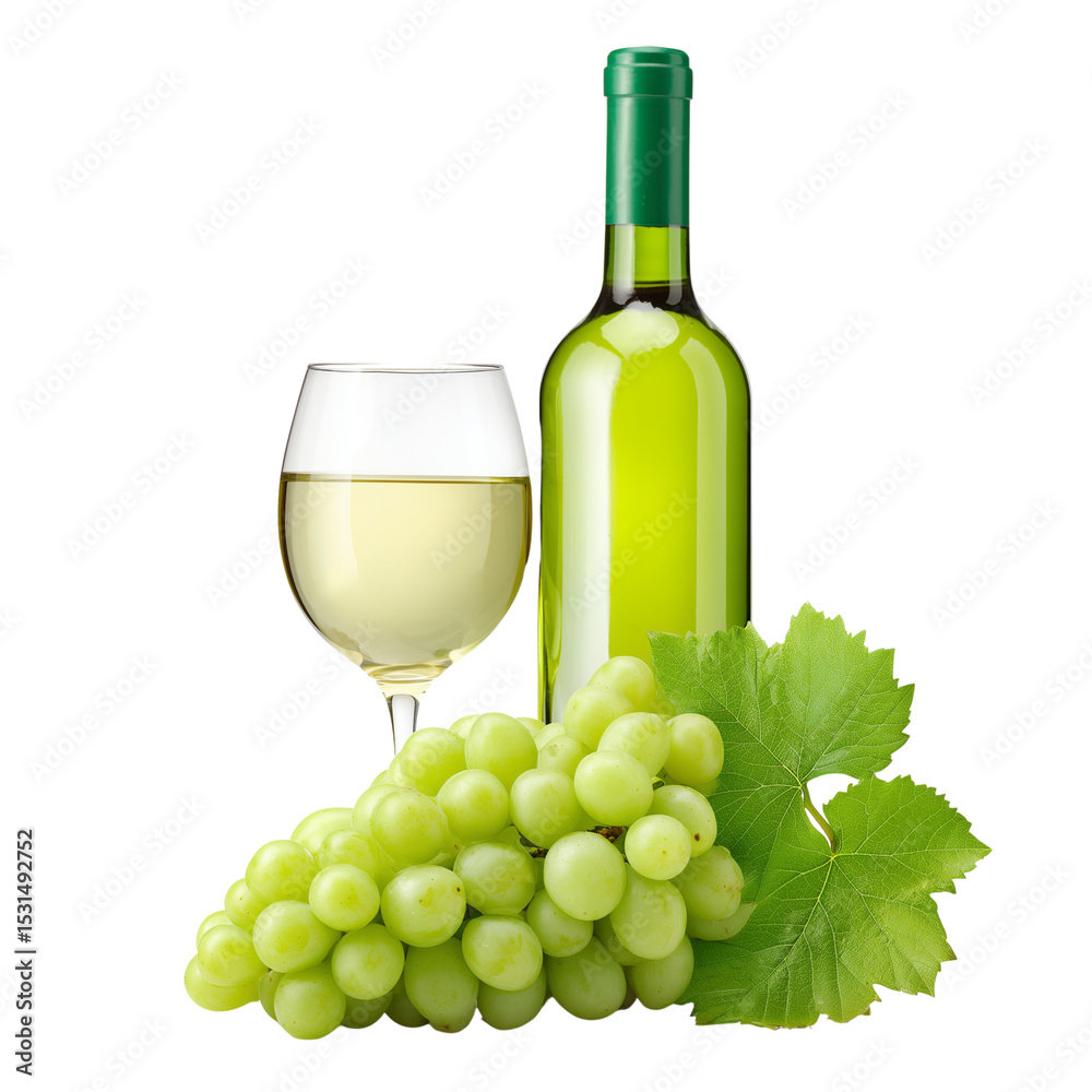Bottle and glass of white wine with green grapes Bottle and glass of white wine with green grapes