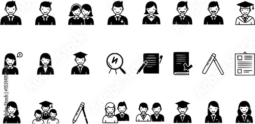 set of Man girl students classmates pictogram icon in a collection with other items
